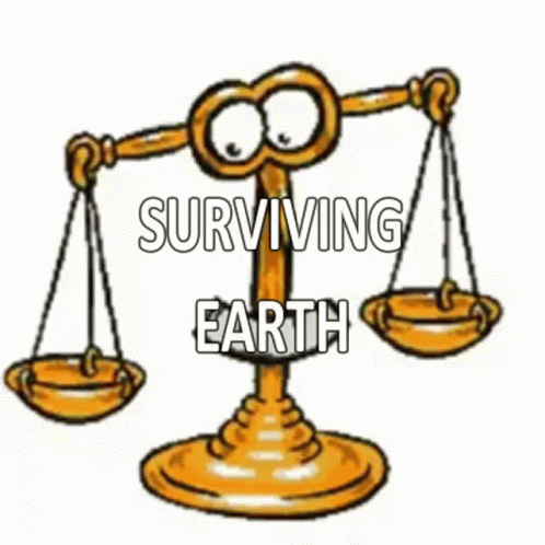 a cartoon drawing of a weighing scale, with the words surviving earth on it