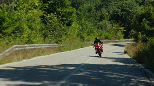 a person on a motorcycle that is passing through some trees