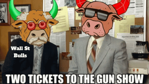 a blue and gray bull in a grey suit and a brown bull wearing sunglasses that say wall street bulls