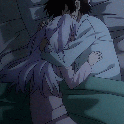 an anime picture of a man hugging a girl