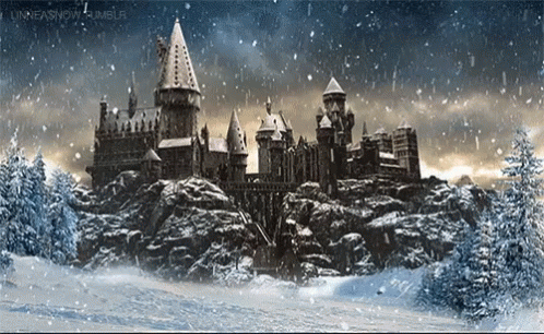 this is an image of an animated castle during winter