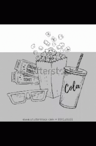 a sketch of some drink, glasses and popcorn
