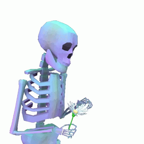 an artificial skeleton is holding a fake rose