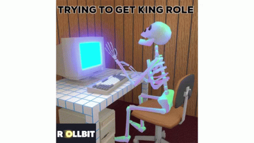 an animated skeleton sits at a computer desk