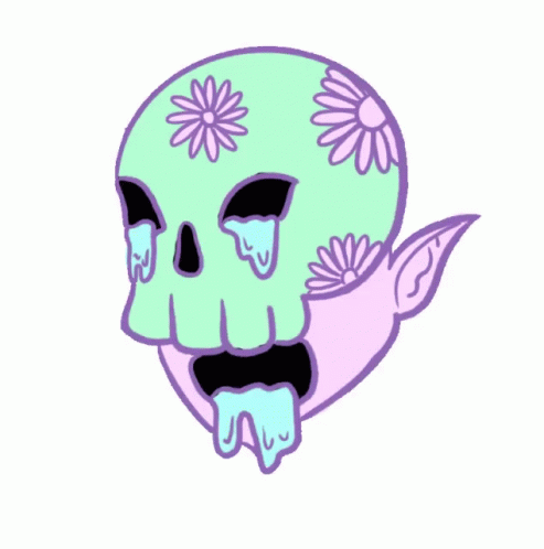 a drawing of a skull with pink flowers on its face