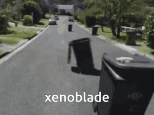 two trash cans line a city street with the words xenoblade in front of them