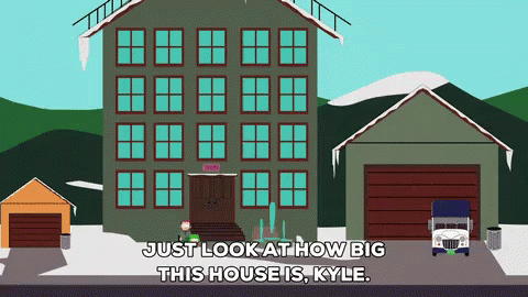 an animation shows a large house in the background