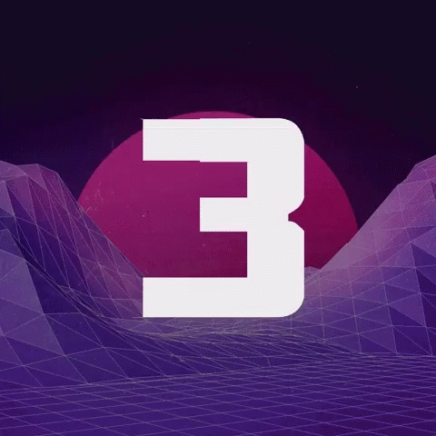 a white letter e is in the middle of purple squares