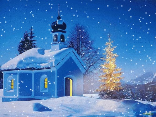 a christmas scene with a church surrounded by trees