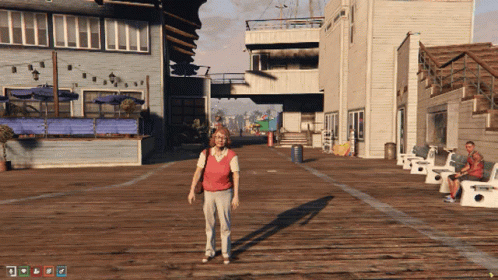 a virtual woman walking on an open sidewalk in the day