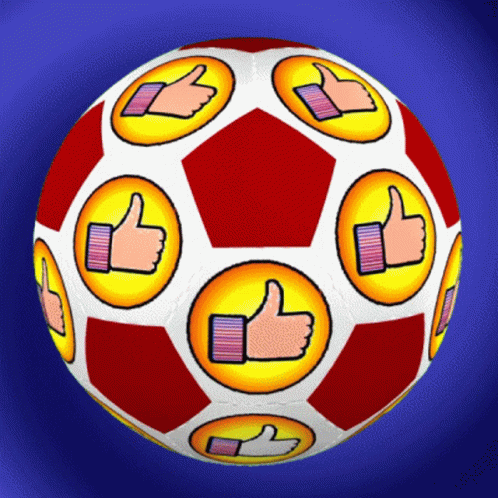 a large blue and white soccer ball with thumbs up on it