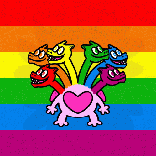 some colorful monster figures are on a multicolored rainbow background