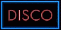 a disco sign in the dark with the word disco illuminated in the frame