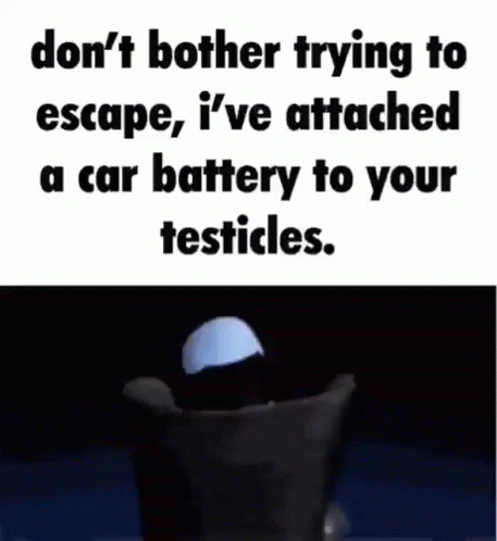 an egg in a black box on a table with text stating that they don't both trying to escape, i've attacked a car battery to