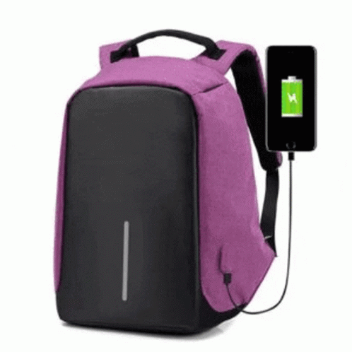 purple backpack with charging box attached to it
