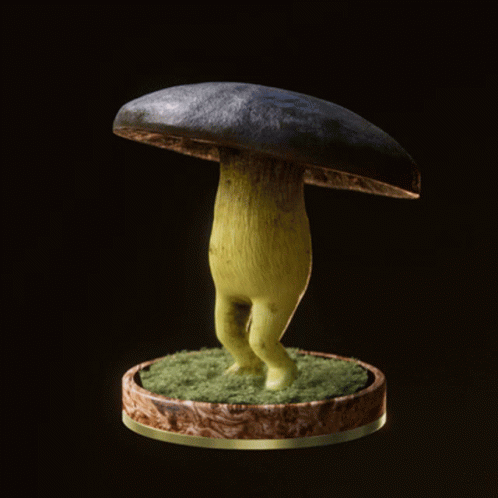 a blue figure holding onto the back of a mushroom