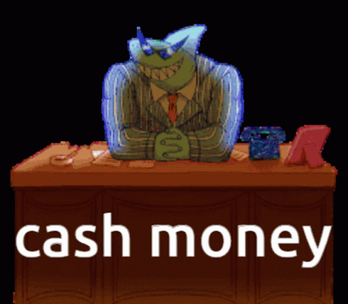 a person wearing a suit sitting in front of a desk with cash money