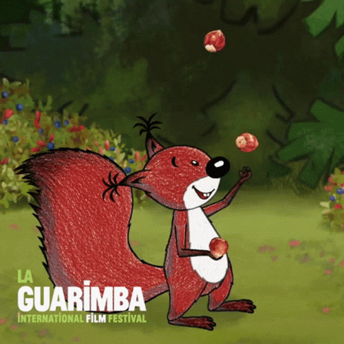 cartoon images of a squirrel blowing bubbles while standing in front of a group of flowers