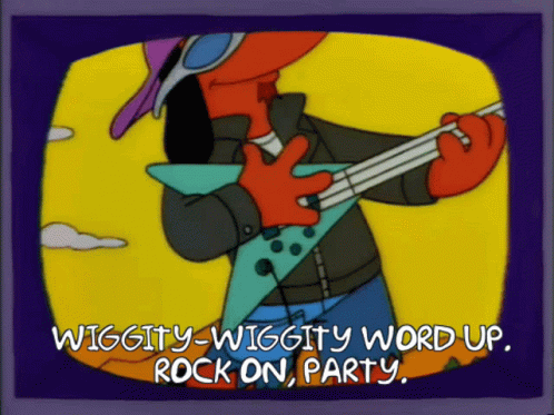cartoon character holding a guitar with words that say wiggly - wigtty word up rock on party
