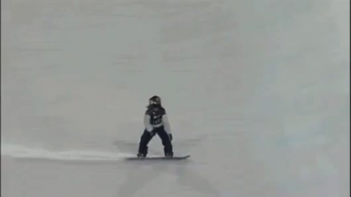 a person on a snowboard stands in a grey snow covered field