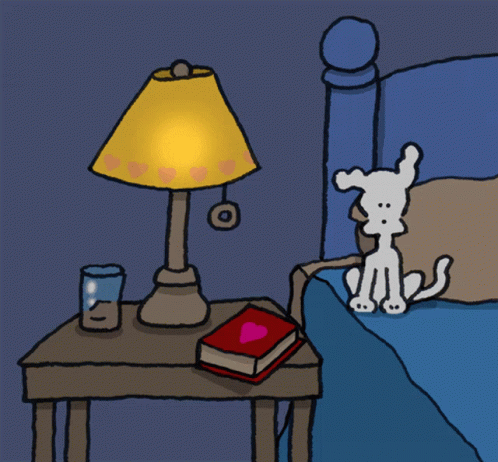 a cartoon dog sits on the bed in the bedroom