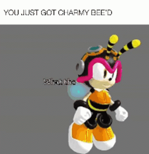 a cartoon character with headphones on, with the words you just got charmy seed