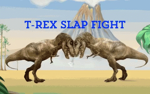 two t - rex fighting with each other over a water scene