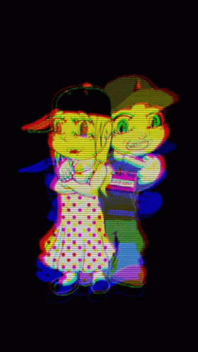 two cartoon characters dressed in bright colors are smiling at the camera