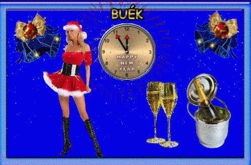 a digital card of a woman in blue holding champagne flutes and clock