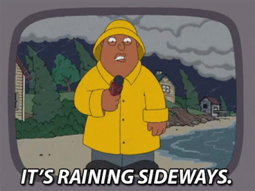 a cartoon character on a tv screen that says it's raining sidewalks
