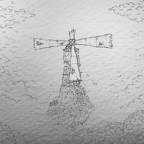 a drawing of a light house in the middle of the clouds