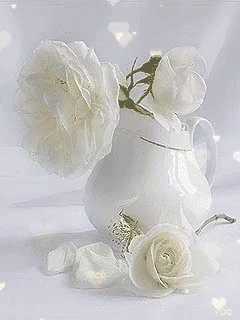 a white vase with white flowers and hearts around it