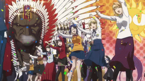 a group of anime characters dancing and standing in a line