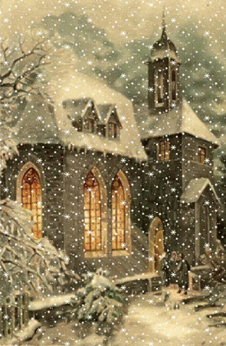 a snow covered cathedral in a country with lights shining