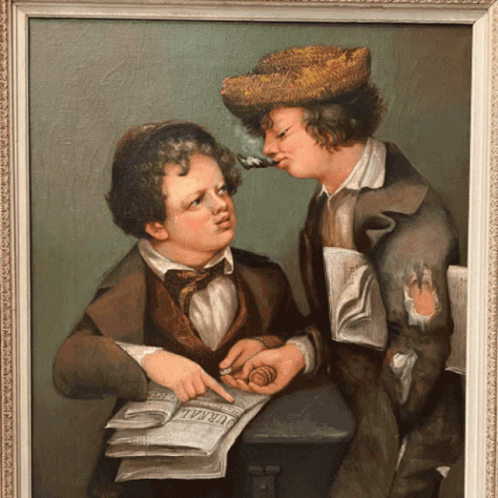 a painting of two children in blue on a wall