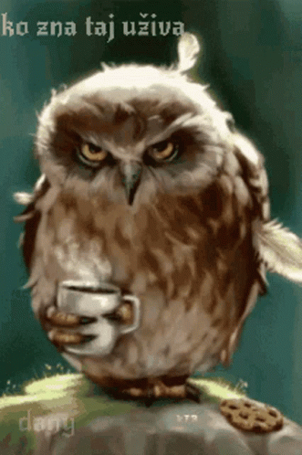 an owl sits on a chair and holds a cup