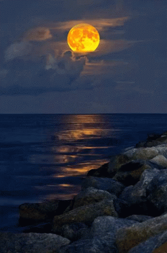 a full moon in the background as seen from the rocky shoreline