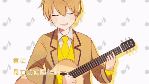 the boy is playing the guitar and wearing a suit
