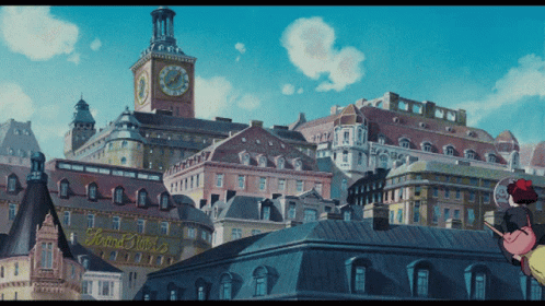 an animated scene with a city, a cat and the time