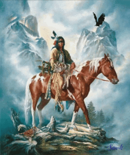 native american man on horseback with eagle, mountain scene
