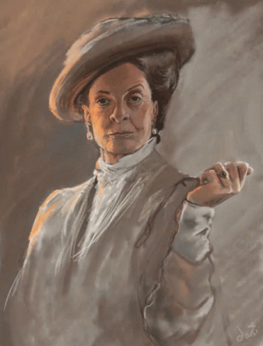 an older woman is painting her portrait with a gray background