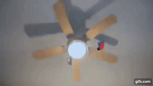 a ceiling fan with four different blue blades