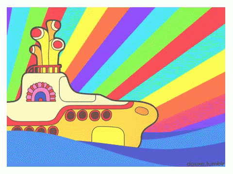 a colorful drawing of a white submarine with an image of people inside of it