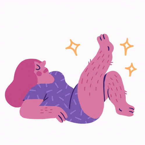 a purple - haired woman lies down, drawing with blue stars and dots