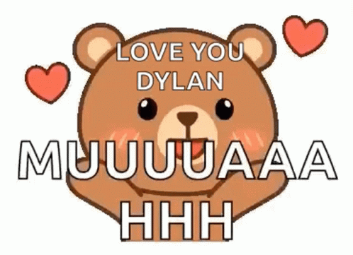 an animated blue teddy bear with hearts in the shape of heart - shaped holes in the background that reads, love you dyllan miuuaaaaah