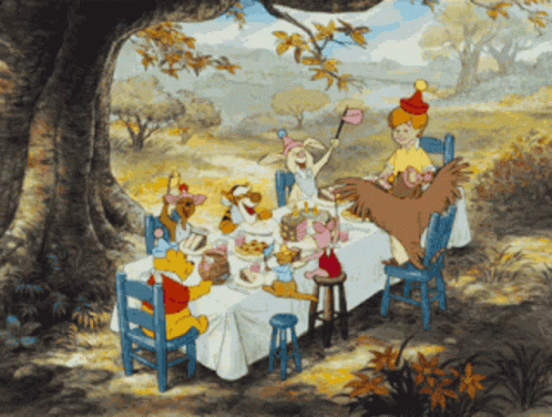 an animated picture of an animated scene with cartoon characters at a table