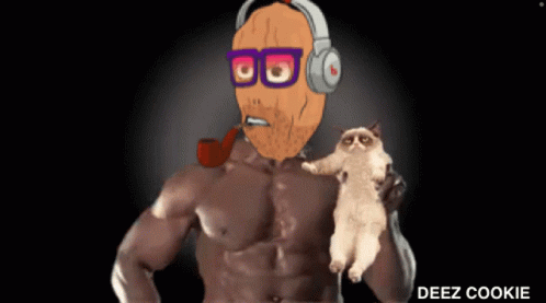 a dog wearing sunglasses and headphones holds onto an animated man