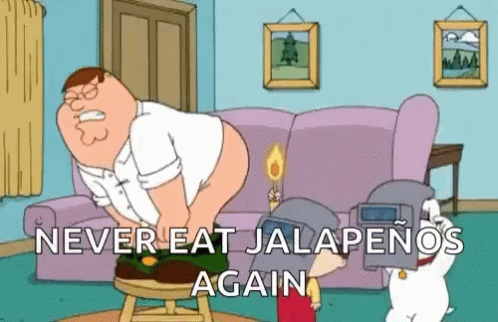 a cartoon character in a living room with the caption never at jalapenos again again again