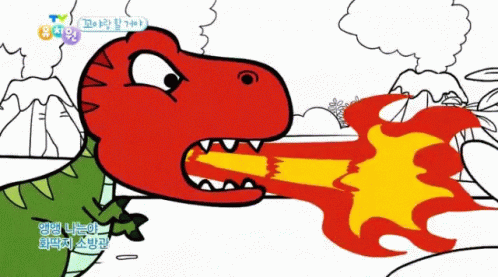 an animated cartoon dinosaur with his mouth open