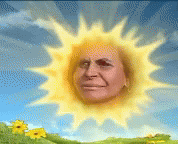 a digital illustration of a sun face, with hills in the background